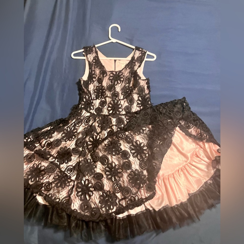 Black Lace Floral Dress with Blush Lining 
Size 16 Girls